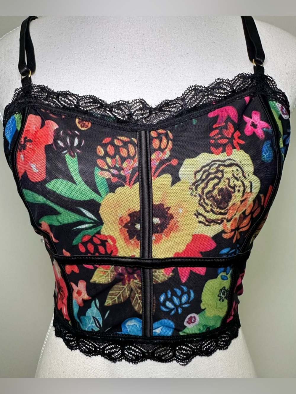 GORGLITTER‎ Black Multicolor Floral Mesh Lace Corset Bralette Bustier Plus Size - Picture 5 of 8